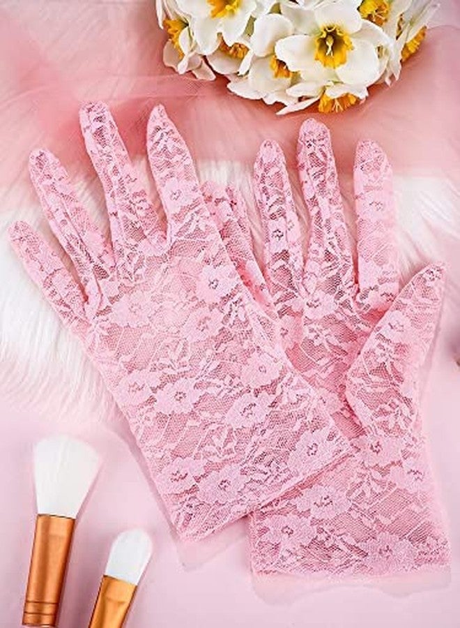 CHACKO Women Lace Gloves Tea Party Short Lace Gloves Courtesy Dressy Gloves for Wedding Dinner Party_Pink - Image 3